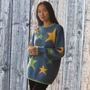 Starry Sweater blue with yellow and green stars Liz Vintage NWT sz Med  Holida